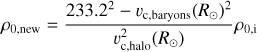 $\[\rho_{0, \text {new}}=\frac{233.2^{2}-v_{\mathrm{c} \text {,baryons }}\left(R_{\odot}\right)^{2}}{v_{\mathrm{c}, \text {halo}}^{2}\left(R_{\odot}\right)} \rho_{0, \mathrm{i}}\]$