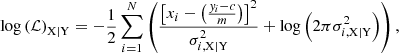 $$ \begin{aligned} \log \left( \mathcal{L} \right)_\mathrm{X|Y} = -\frac{1}{2} \sum _{i = 1}^{N} \left( \frac{\left[x_i - \left(\frac{y_i - c}{m}\right)\right]^2}{\sigma _{i, \mathrm{X|Y} }^2} + \log \left( 2\pi \sigma _{i, \mathrm{X|Y} }^2 \right)\right), \end{aligned} $$