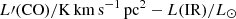 $ L\prime{(\rm CO)/\mathrm{K\,km\,s^{-1}\,pc^2}}-L(\mathrm{IR})/L_{\odot} $