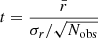 $$ \begin{aligned} t = \frac{\bar{r}}{\sigma _r/\sqrt{N_{\mathrm{obs}}}} \end{aligned} $$