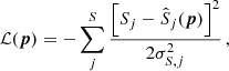 $$ \begin{aligned} \mathcal{L} (\boldsymbol{p}) = -\sum _j^S\frac{\left[S_j-\hat{S}_j(\boldsymbol{p})\right]^2}{2\sigma _{S,j}^2}\,, \end{aligned} $$