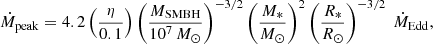 $$ \begin{aligned} \dot{M}_{\rm peak} = 4.2 \left(\frac{\eta }{0.1}\right)\left(\frac{M_{\rm SMBH}}{10^7\,M_{\odot }}\right)^{-3/2}\left(\frac{M_{*}}{M_{\odot }}\right)^2 \left(\frac{R_{*}}{R_{\odot }}\right)^{-3/2} \ \dot{M}_{\rm Edd}, \end{aligned} $$