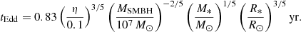 $$ \begin{aligned} t_{\rm Edd}= 0.83 \left(\frac{\eta }{0.1}\right)^{3/5}\left(\frac{M_{\rm SMBH}}{10^7\,M_{\odot }}\right)^{-2/5}\left(\frac{M_{*}}{M_{\odot }}\right)^{1/5} \left(\frac{R_{*}}{R_{\odot }}\right)^{3/5} \mathrm{yr}. \end{aligned} $$