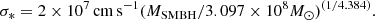 $$ \begin{aligned} \sigma _* = 2\times 10^7 \, \mathrm{cm \, s^{-1}} ({M_{\rm SMBH}/3.097\times 10^8 M_\odot )^{(1/4.384)}}. \end{aligned} $$
