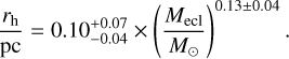 ${{{r_{\rm{h}}}} \over {{\rm{pc}}}} = 0.10_{ - 0.04}^{ + 0.07} \times {\left( {{{{M_{{\rm{ecl}}}}} \over {{M_ \odot }}}} \right)^{0.13 \pm 0.04}}.$