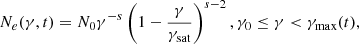 $$ \begin{aligned} N_e(\gamma , t) = N_0 \gamma ^{-s}\left( 1 - \frac{\gamma }{\gamma _{\rm sat}}\right)^{s-2},\gamma _0 \le \gamma < \gamma _{\max }(t), \end{aligned} $$