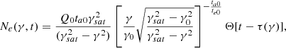 $$ \begin{aligned} N_e(\gamma ,t) = \frac{Q_0t_{a0} \gamma _{sat}^2}{(\gamma _{sat}^2-\gamma ^2)} \left[\frac{\gamma }{\gamma _{0}}\sqrt{\frac{\gamma _{sat}^2-\gamma _0^2}{\gamma _{sat}^2-\gamma ^2}}\right]^{-\frac{t_{a0}}{t_{e0}}}\Theta [t-\tau (\gamma )], \end{aligned} $$