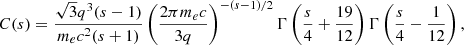 $$ \begin{aligned} C(s)= \frac{\sqrt{3}q^3 (s-1)}{m_e c^2 (s+1)} \left( \frac{2 \pi m_e c}{3 q} \right)^{-(s-1)/2} \Gamma \left( \frac{s}{4}+\frac{19}{12} \right) \Gamma \left( \frac{s}{4}-\frac{1}{12} \right), \end{aligned} $$