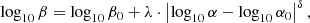 $$ \begin{aligned} \log _{10}\beta =\log _{10}\beta _0+\lambda \cdot \left|\log _{10}\alpha -\log _{10}\alpha _0\right|^{\delta }, \end{aligned} $$