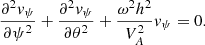 $$ \begin{aligned} \frac{\partial ^2 v_{\psi }}{\partial \psi ^2}+\frac{\partial ^2 v_{\psi }}{\partial \theta ^2}+\frac{\omega ^2h^2}{V_{A}^2}v_{\psi } = 0. \end{aligned} $$