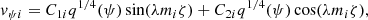 $$ \begin{aligned} v_{\psi i}=C_{1i}q^{1/4}(\psi )\sin (\lambda m_i\zeta )+C_{2i}q^{1/4}(\psi )\cos (\lambda m_i\zeta ), \end{aligned} $$