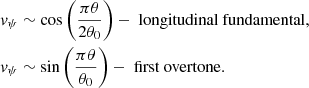 $$ \begin{aligned} v_{\psi }&\sim \cos \left(\frac{\pi \theta }{2\theta _0}\right)- \text{ longitudinal} \text{ fundamental}, \nonumber \\ v_{\psi }&\sim \sin \left(\frac{\pi \theta }{\theta _0}\right)-\text{ first} \text{ overtone}. \end{aligned} $$
