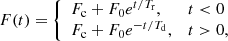 $$ \begin{aligned} F(t) = \left\{ \begin{array}{ll} F_{\rm c} + F_{0} e^{t/T_{\rm r}},&t < 0\\ F_{\rm c} + F_{0} e^{-t/T_{\rm d}},&t > 0, \end{array} \right. \end{aligned} $$