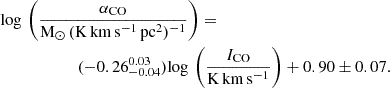 $$ \begin{aligned}&\mathrm{log} \,\left(\frac{\alpha _\mathrm{CO} }{\mathrm{M_\odot \, (K\,km\,s^{-1}\,pc^2)^{-1} }}\right) =\nonumber \\&\qquad \qquad \qquad (-0.26^{0.03}_{-0.04}) \mathrm{log} \, \left(\frac{I_\mathrm{CO} }{\mathrm{K\,km\,s^{-1}} }\right) + 0.90\pm 0.07. \end{aligned} $$