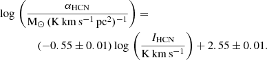 $$ \begin{aligned}&\mathrm{log} \,\left(\frac{\alpha _\mathrm{HCN} }{\mathrm{M_\odot \, (K\,km\,s^{-1}\,pc^2)^{-1}} }\right) =\nonumber \\&\qquad \qquad \left(-0.55\pm 0.01\right) \mathrm{log} \, \left(\frac{I_\mathrm{HCN} }{\mathrm{K\,km\,s^{-1}} }\right) + 2.55\pm 0.01. \end{aligned} $$