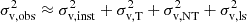 $$ \begin{aligned} \sigma ^2_\mathrm{v,obs} \approx \sigma ^2_\mathrm{v,inst} + \sigma ^2_\mathrm{v,T} + \sigma ^2_\mathrm{v,NT} + \sigma ^2_\mathrm{v,ls} \end{aligned} $$