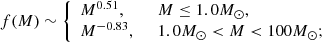 $$ \begin{aligned} f(M) \sim {\left\{ \begin{array}{ll} M^{0.51},&~~ M \le 1.0 {M}_{\odot },\\ M^{-0.83},&~~ 1.0 {M}_{\odot } < M < 100 {M}_{\odot };\\ \end{array}\right.} \end{aligned} $$