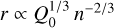 $r \propto Q_0^{1/3}{n^{ - 2/3}}$