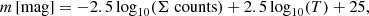 $$ \begin{aligned} m\, [\mathrm{mag}] = -2.5\log _{10}(\Sigma \ \mathrm{counts}) + 2.5\log _{10}(T) + 25, \end{aligned} $$