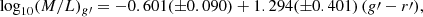 $$ \begin{aligned} \log _{10}(M/L)_{g\prime } = -0.601(\pm 0.090) + 1.294(\pm 0.401)\,(g\prime -r\prime ), \end{aligned} $$