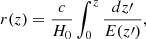$$ \begin{aligned} r(z) = \displaystyle \frac{c}{ H_0} \int _{0}^{z} \displaystyle \frac{dz{\prime }}{E(z{\prime })}, \end{aligned} $$