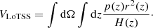 $$ \begin{aligned} V_\mathrm{LoTSS} = \int \mathrm{d} \Omega \int \mathrm{d} z \frac{p(z)r^2(z)}{H(z)}\cdot \end{aligned} $$