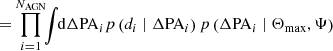 $$ \begin{aligned} =&\prod _{i=1}^{N_{\rm AGN}}\!\!\int \!\!\mathrm{d} \Delta \mathrm{PA}_i p\left(d_i \mid \Delta \mathrm{PA}_i\right) p\left(\Delta \mathrm{PA}_i \mid \Theta _{\rm max}, \Psi \right)&\end{aligned} $$