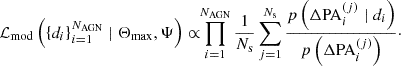 $$ \begin{aligned} \mathcal L_{\rm mod} \left(\left\{ d_i\right\} _{i=1}^{N_{\rm AGN}} \mid \Theta _{\rm max}, \Psi \right)\propto \!\!\prod _{i=1}^{N_{\rm AGN}} \frac{1}{N_{\rm s}} \sum _{j=1}^{N_{\rm s}} \frac{p\left(\Delta \mathrm{PA}_i^{(j)} \mid d_i\right)}{p\left(\Delta \mathrm{PA}_i^{(j)}\right)}\cdot \end{aligned} $$