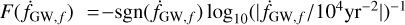 $\[F(\dot{f}_{{\mathrm{GW}, f}})= -\operatorname{sgn}(\dot{f}_{\mathrm{GW}, f}) \log _{10}({\mid} \dot{f}_{\mathrm{GW}, f} / 10^{4} \mathrm{yr}^{-2} {\mid})^{-1}\]$