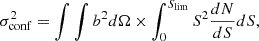 $$ \begin{aligned} \sigma _{\rm conf}^2 = \int \int b^2 d \Omega \times \int _0^{S_{\rm lim}} S^2 \frac{dN}{dS} dS, \end{aligned} $$