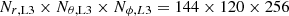 $ N_{r,\rm L3} \times N_{\theta,\rm L3} \times N_{\phi,L3} = 144 \times 120 \times 256 $