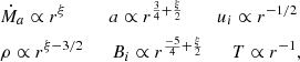 $$ \begin{aligned} \begin{aligned}&\dot{M}_a \propto r^{\xi } \qquad \quad a \propto r^{\frac{3}{4} + \frac{\xi }{2}} \qquad \; u_i \propto r^{-1/2} \\&\rho \propto r^{\xi - 3/2} \qquad B_i \propto r^{\frac{-5}{4} + \frac{\xi }{2}} \qquad T \propto r^{-1}, \end{aligned} \end{aligned} $$