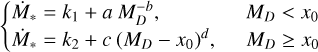 $\left\{ {\matrix{ {{{\dot M}_*} = {k_1} + aM_D^{ - b},} \hfill & {{M_D} < {x_0}} \hfill \cr {{{\dot M}_*} = {k_2} + c{{\left( {{M_D} - {x_0}} \right)}^d},} \hfill & {} \hfill \cr {} \hfill & {{M_D} \ge {x_0}} \hfill \cr } } \right.$