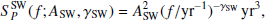 $$ \begin{aligned} S^\mathrm{SW}_P(f;A_{\rm SW},\gamma _{\rm SW}) = A_{\rm SW}^2(f/\mathrm{yr}^{-1})^{-\gamma _{\rm SW}}\,\mathrm{yr}^3, \end{aligned} $$