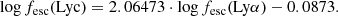 $$ \begin{aligned} \log f_{\rm esc}(\mathrm{Lyc}) = 2.06473 \cdot \log f_{\rm esc}(\mathrm{Ly\alpha })-0.0873 .\end{aligned} $$
