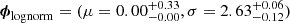 $ {\boldsymbol{\phi}}_{\mathrm{lognorm}}=(\mu = 0.00^{+0.33}_{-0.00}, \sigma = 2.63^{+0.06}_{-0.12}) $