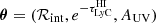 $ {\boldsymbol{\theta}}=(\mathcal{R}_{\mathrm{int}}, e^{-\tau^{\mathrm{HI}}_{\mathrm{LyC}}}, A_{\mathrm{UV}}) $