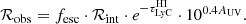 $$ \begin{aligned} \mathcal{R} _{\rm obs} = f_{\rm esc} \cdot \mathcal{R} _{\rm int} \cdot e^{-\tau ^\mathrm{HI}_{\rm LyC}} \cdot 10^{0.4 A_{\rm UV}}. \end{aligned} $$