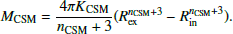 $$ \begin{aligned} {M_{\rm CSM} = \frac{4\pi K_{\rm CSM}}{n_{\rm CSM}+3} (R_{\rm ex}^{n_{\rm CSM}+3} - R_{\rm in}^{n_{\rm CSM}+3})}. \end{aligned} $$