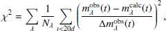 $$ \begin{aligned} \chi ^2 = \sum \limits _{\lambda } \frac{1}{N_\lambda }\sum \limits _{t \&lt;20d} \left(\frac{m^\mathrm{obs} _\lambda (t) - m^\mathrm{calc} _\lambda (t)}{\Delta m^\mathrm{obs} _\lambda (t)}\right)^2, \end{aligned} $$