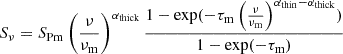 $$ \begin{aligned} S_\nu = S_{\rm Pm} \left( \frac{\nu }{\nu _{\rm m}} \right)^{\alpha _{\rm thick}}\frac{1-\exp (-\tau _{\rm m}\left(\frac{\nu }{\nu _{\rm m}}\right)^{\alpha _{\rm thin}-\alpha _{\rm thick}})}{1-\exp (-\tau _{\rm m})} \end{aligned} $$