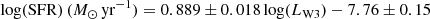 $$ \begin{aligned} \log (\mathrm{SFR})\,(M_{\odot }\,\mathrm{yr}^{-1}) = 0.889 \pm 0.018 \log (L_{\rm W3}) - 7.76 \pm 0.15 \end{aligned} $$