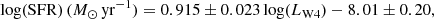 $$ \begin{aligned} \log (\mathrm{SFR})\,(M_{\odot }\,\mathrm{yr}^{-1}) = 0.915 \pm 0.023 \log (L_{\rm W4}) - 8.01 \pm 0.20, \end{aligned} $$