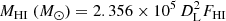 $$ \begin{aligned}&M_{\rm HI}\;(M_{\odot }) = 2.356 \times 10^{5}\,D_{\rm L}^{2} F_{\rm HI} \end{aligned} $$