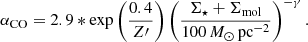 $$ \begin{aligned} \alpha _{\rm CO} = 2.9 * \exp \left(\frac{0.4}{Z\prime }\right) \left(\frac{\Sigma _{\star } + \Sigma _{\rm mol}}{100\,M_{\odot }\,\mathrm{pc}^{-2}}\right)^{-\gamma }. \end{aligned} $$