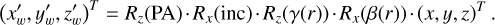 ${\left( {x_w^\prime ,y_w^\prime ,_w^\prime } \right)^T} = {R_}({\rm{PA}}) \cdot {R_x}({\rm{inc}}) \cdot {R_}(\gamma (r)) \cdot {R_x}(\beta (r)) \cdot {(x,y,)^T}.$