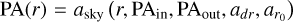 ${\rm{PA}}(r) = {a_{{\rm{sky}}}}\left( {r,{\rm{P}}{{\rm{A}}_{{\rm{in}}}},{\rm{P}}{{\rm{A}}_{{\rm{out}}}},{a_{dr}},{a_{{r_0}}}} \right)$