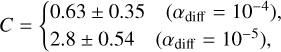 $C = \left\{ {\matrix{ {0.63 \pm 0.35} \hfill & {\left( {{\alpha _{{\rm{diff }}}} = {{10}^{ - 4}}} \right),} \hfill \cr {2.8 \pm 0.54} \hfill & {\left( {{\alpha _{{\rm{diff }}}} = {{10}^{ - 5}}} \right),} \hfill \cr } } \right.$