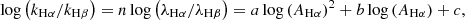 $$ \begin{aligned} \log \left({k_{\mathrm{H}\alpha }}/{k_{\mathrm{H}\beta }}\right) = n \log \left({\lambda _{\mathrm{H}\alpha }}/{\lambda _{\mathrm{H}\beta }}\right) = a \log \left(A_{\mathrm{H}\alpha }\right)^2 + b \log \left(A_{\mathrm{H}\alpha }\right) + c, \end{aligned} $$