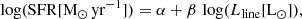 $$ \begin{aligned} \log (\mathrm{SFR}[\mathrm{M_{\odot }\,yr^{-1}}]) = \alpha + \beta \,\log (L_{\mathrm{line}}[\mathrm{L_{\odot }}]), \end{aligned} $$